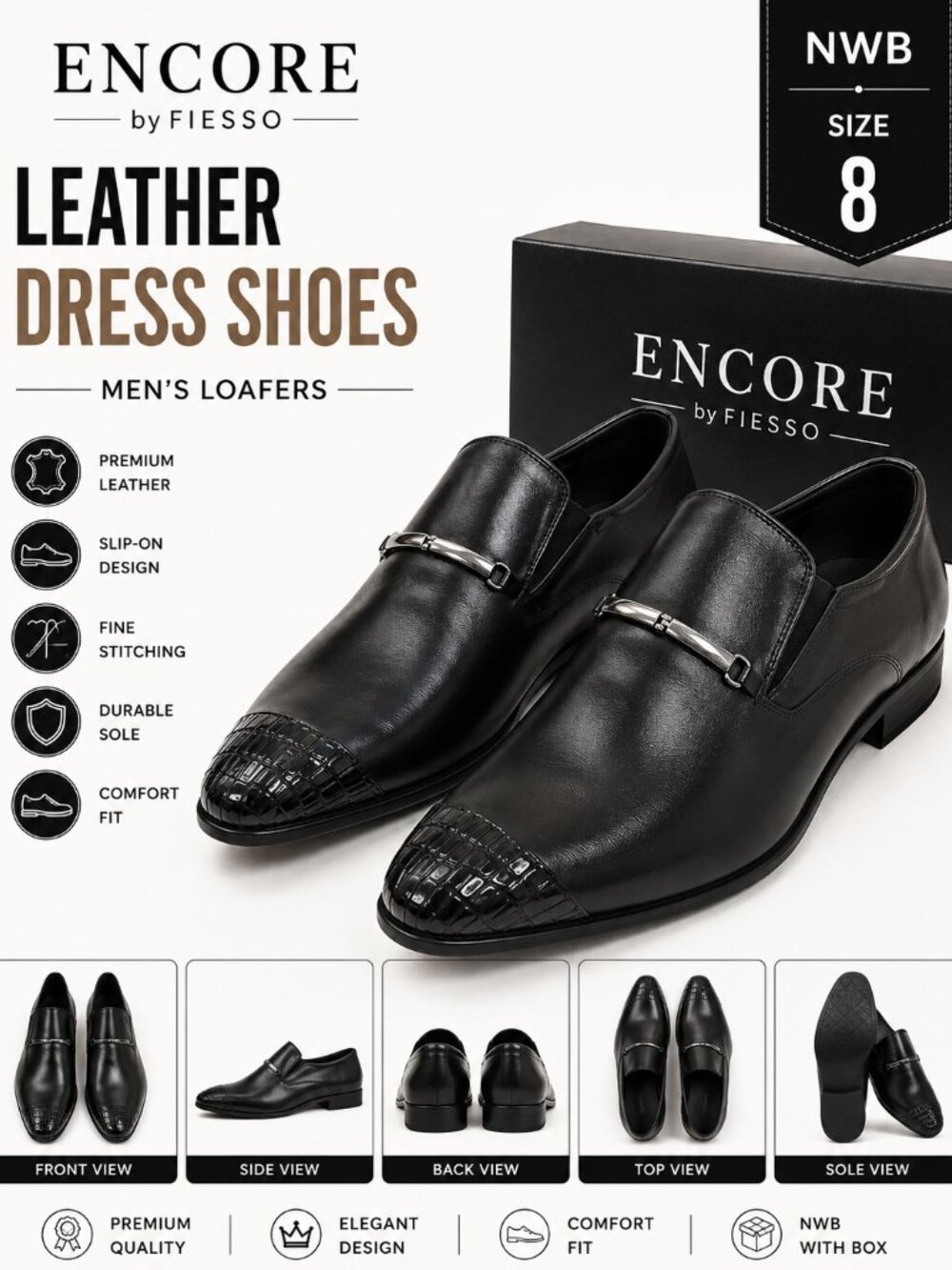NWB Encore by Fiesso Black Genuine Leather Dress Shoes Men's Size 8 Designer